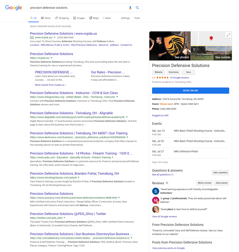 Google search result with Google My Business information