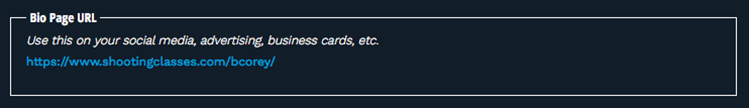 What your bio URL looks like under Manage Profile at ShootingClasses.com