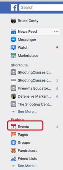 Screenshot of Facebook that has the Events tab circled