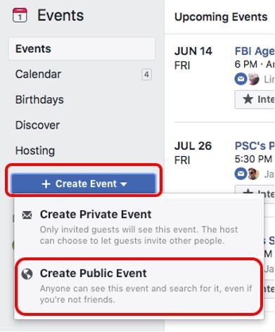 Screenshot of Facebook showing how to create a public event