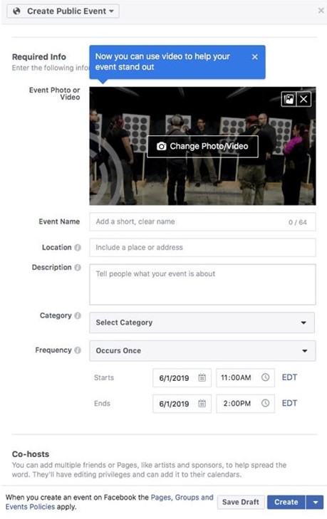 Screenshot of the information fields you can use for a Facebook Event