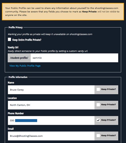 Student profile options when signed in