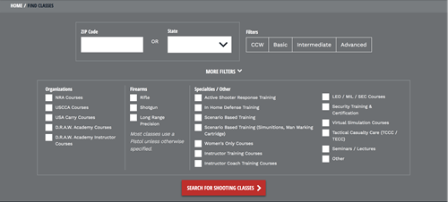 Screenshot of the Shooting Classes Find a Class page