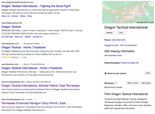 Example of Google My Business profile for Firearm Classes