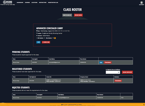 Instructor's Class Roster Example on ShootingClasses.com
