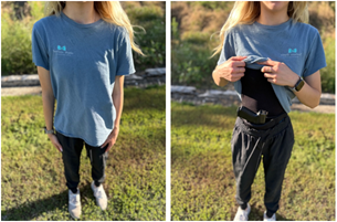 Person demonstrating concealed carry within their pants.