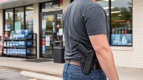 Person openly carrying a holstered handgun outside a storefront