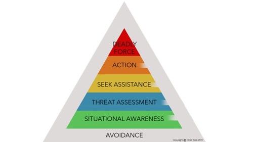 Civilian use-of-force continuum showing avoidance, situational awareness, threat assessment, seeking assistance, action and deadly force.